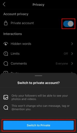 Cambiar a una cuenta privada en Instagram
