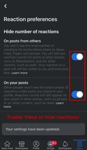 Ocultar reacciones de Facebook