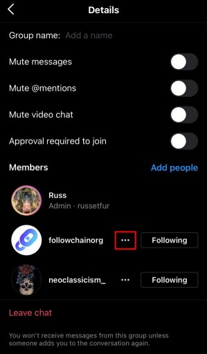 Eliminar miembro del chat grupal de Instagram
