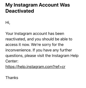Cuenta de Instagram reactivada correo electrónico
