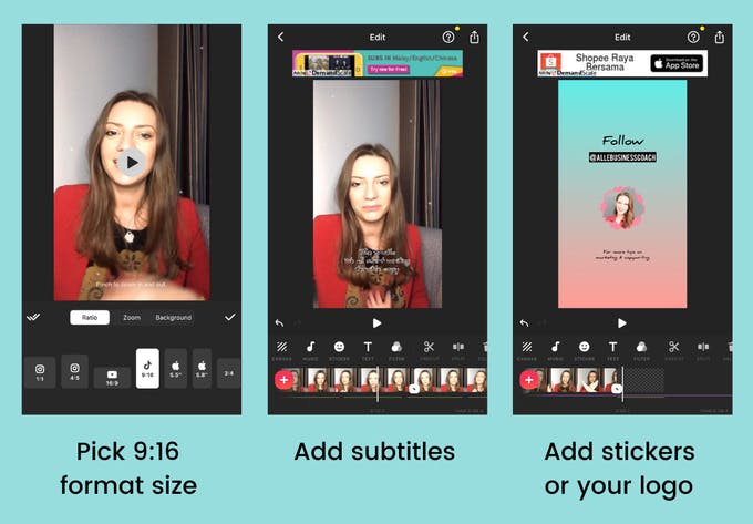 Un diagrama que muestra tres consejos para editar videos IGTV: tamaño, subtítulos y pegatinas.