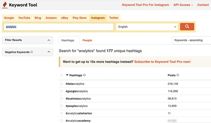 popular herramienta de búsqueda de hastag de Instagram - keywordtool.io