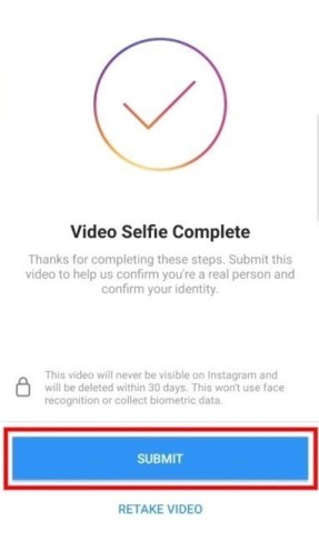 Verificación de selfies de video de Instagram