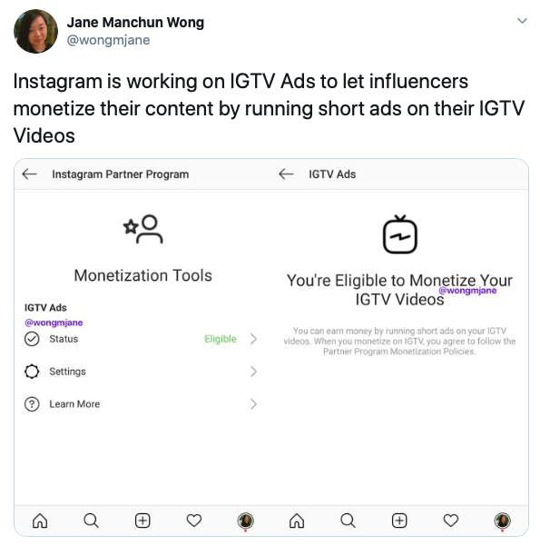 Una captura de pantalla de la aplicación de Instagram que muestra las herramientas de monetización.